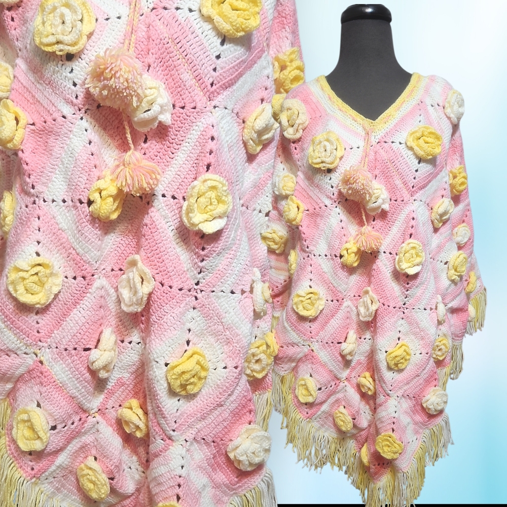 Pink and Yellow Floral Poncho - Picture 3 of 9